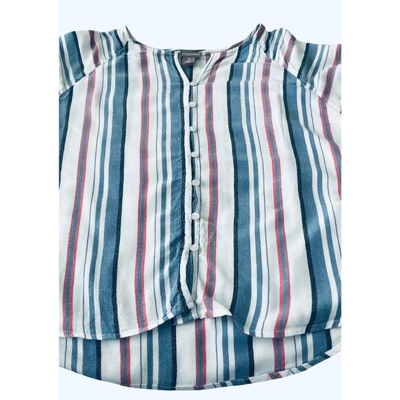 CHICO'S LONG BELL RAGLAN SLV BUTTON DOWN V-NECK BLOUSE, BLUE PINK BLACK STRIPE - Picture 2 of 11